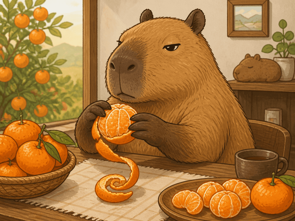 Capybara Peeling Tangerine Meme Illustration