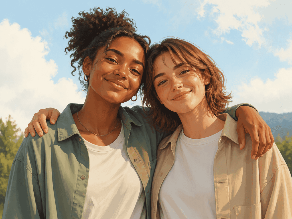 Friends with Arms Around Shoulders Illustration