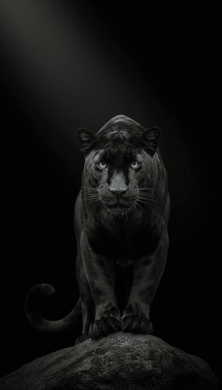 깊은 검은색 배경에 스포트라이트를 받아 빛나는 위엄 있는 검은 표범의 강력한 자세.