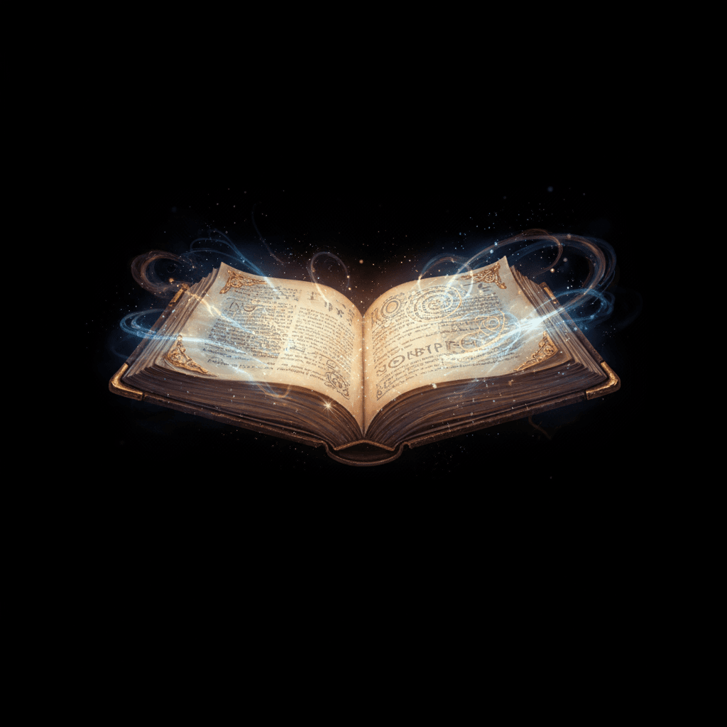 검은 배경의 열려있는 빛나는 고대 서적.