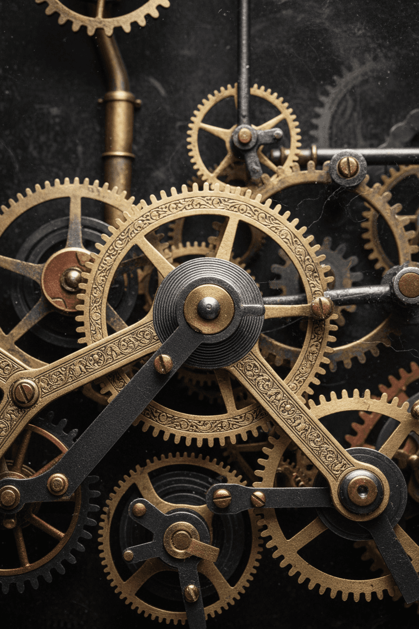 검은 배경에 있는 정교한 시계 태엽.