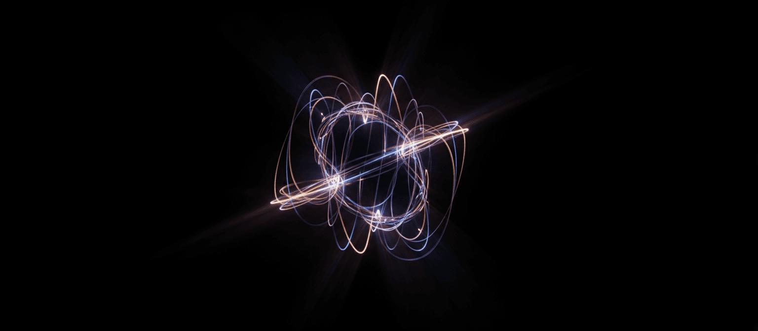 검은 배경에 빛나는 추상 조형물.