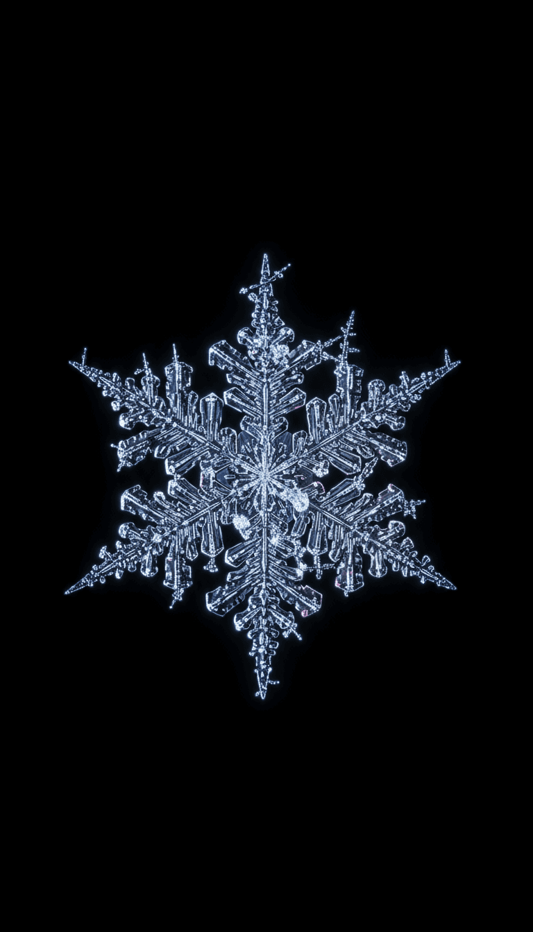 깊은 검은색 배경에 섬세한 역광으로 조명된 복잡한 눈송이의 극한 매크로 샷.
