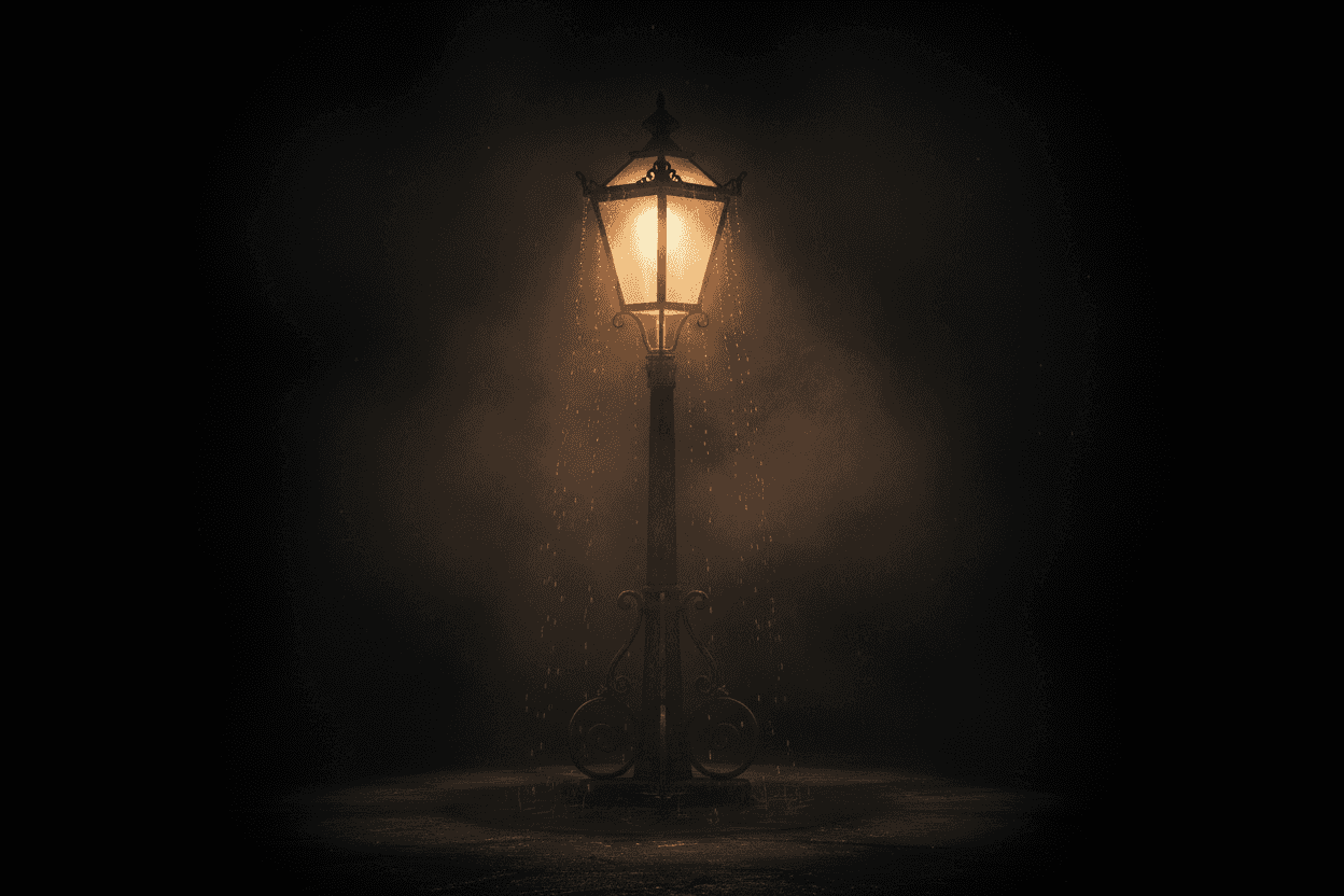 검은 배경의 안개 낀 앤티크 가로등.