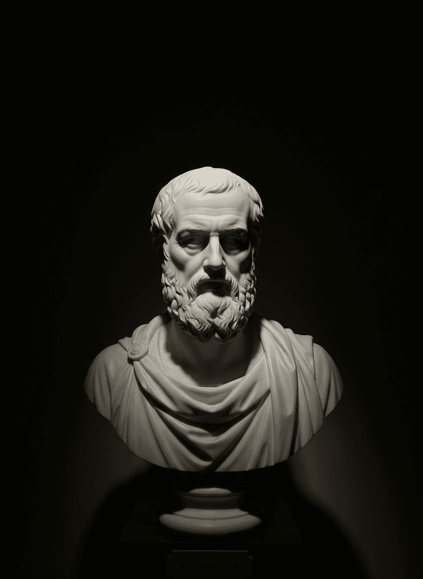 검은 배경에 극적으로 조명된 대리석 흉상.