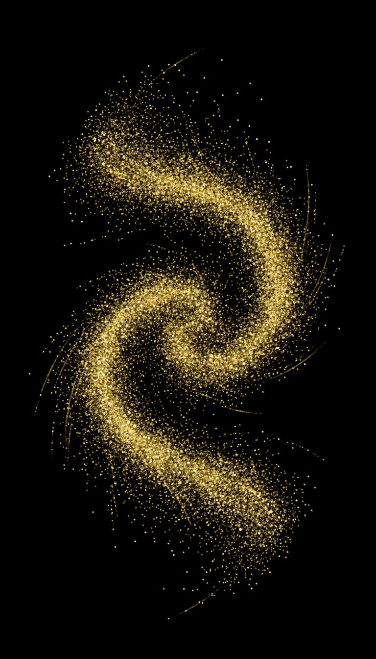 검은 배경에 소용돌이치는 금빛 반짝이 입자.