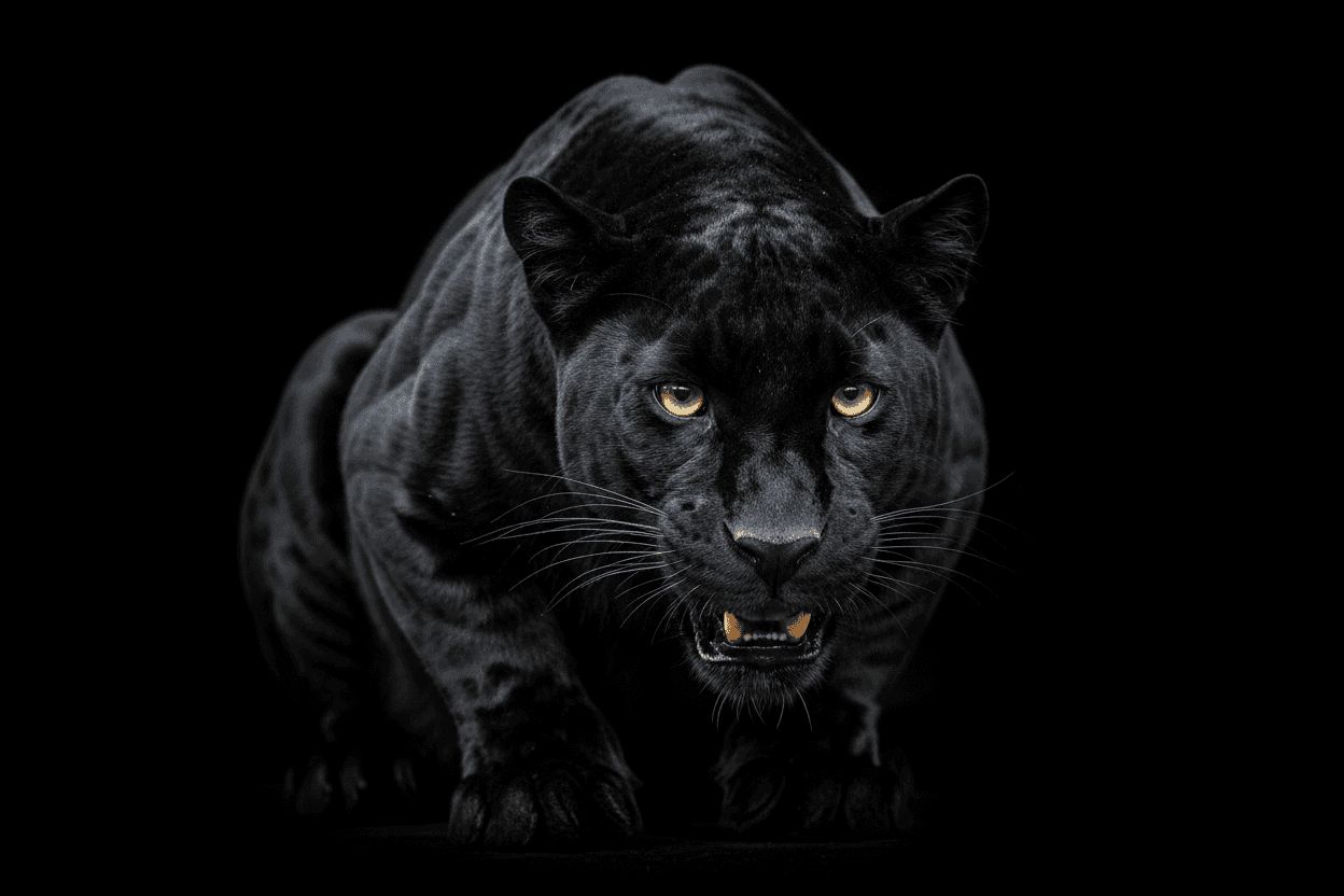 검은 배경에 강렬하게 빛나는 황금색 눈을 가진 검은 표범.