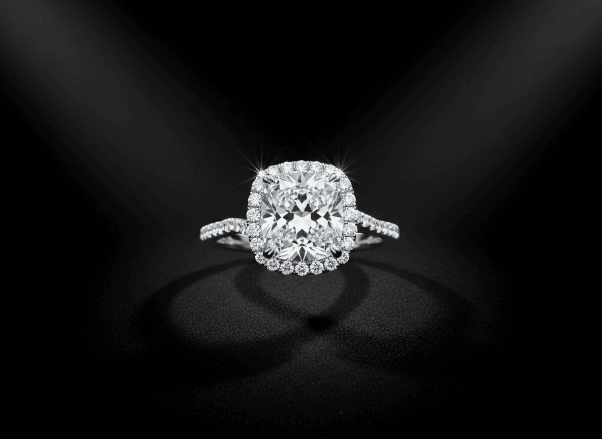 검은 벨벳 배경의 반짝이는 다이아몬드 반지.