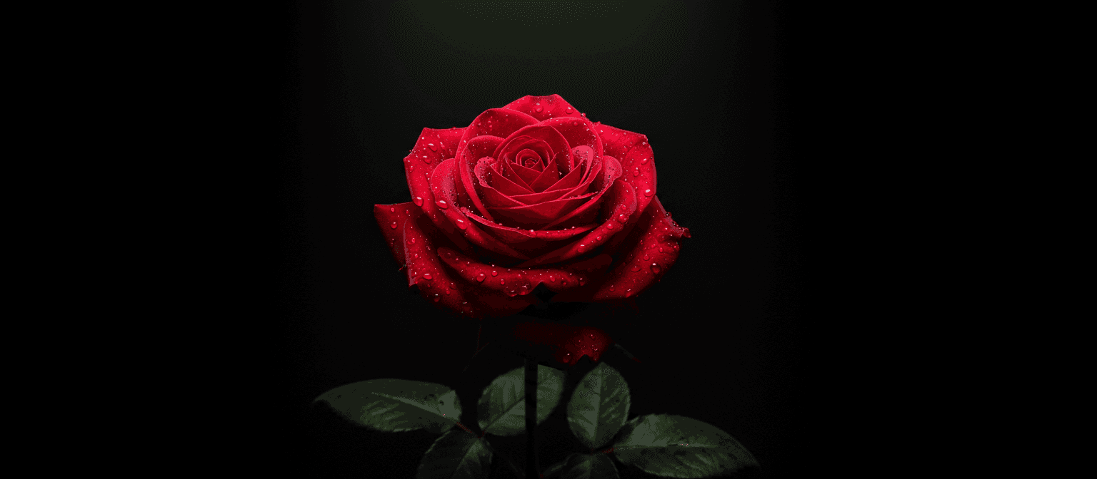 드라마틱하게 조명된 검은 배경의 고독한 붉은 장미와 물방울.