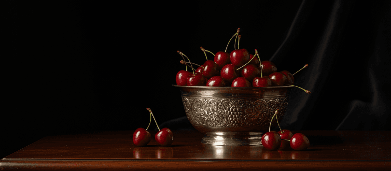 검은색 배경에 놓인 빈티지 은그릇에서 넘쳐흐르는 잘 익은 다크 체리의 고전적인 정물화.