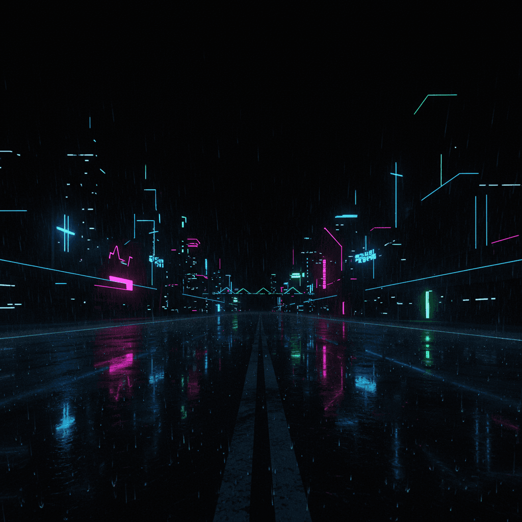 검은 배경에 네온 빛 사이버펑크 도시 실루엣.