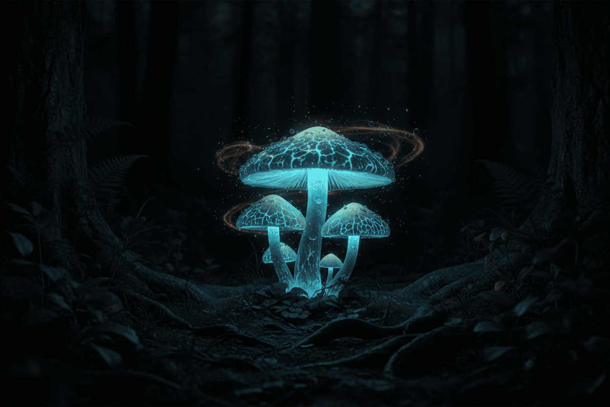 검은 배경에 빛나는 발광 버섯.