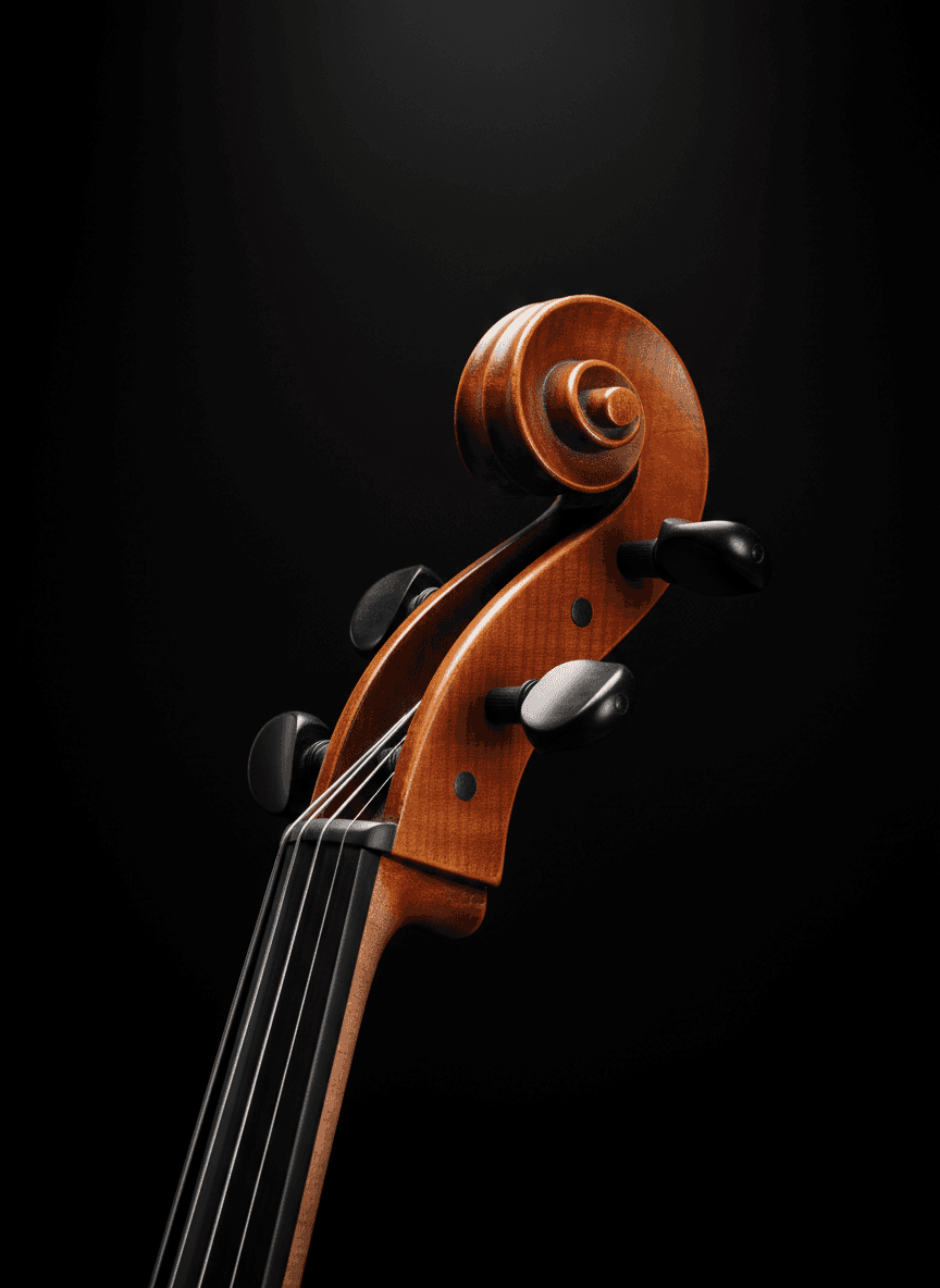 깊은 검은색 무대 배경에 부드러운 스포트라이트를 받은 첼로의 스크롤.