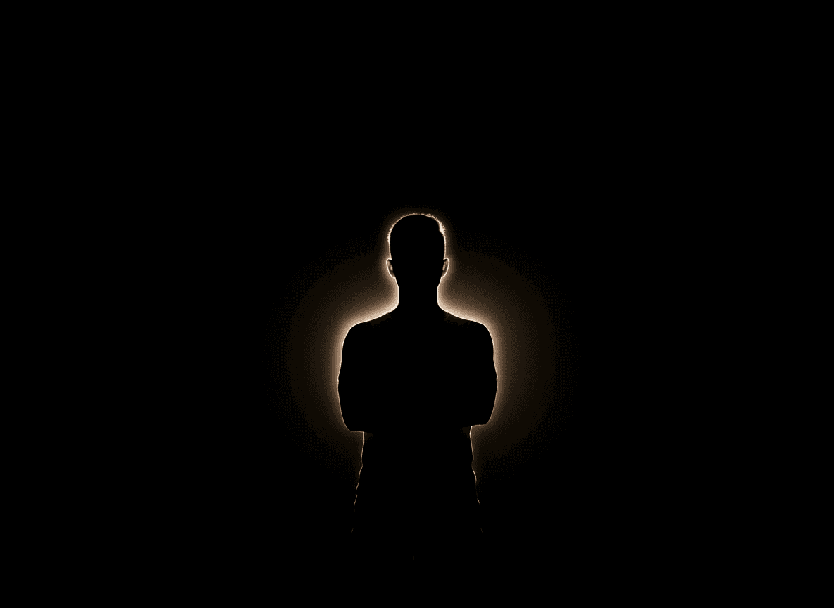 깊은 검은 배경에 은은한 림 조명을 받은 사람의 실루엣.