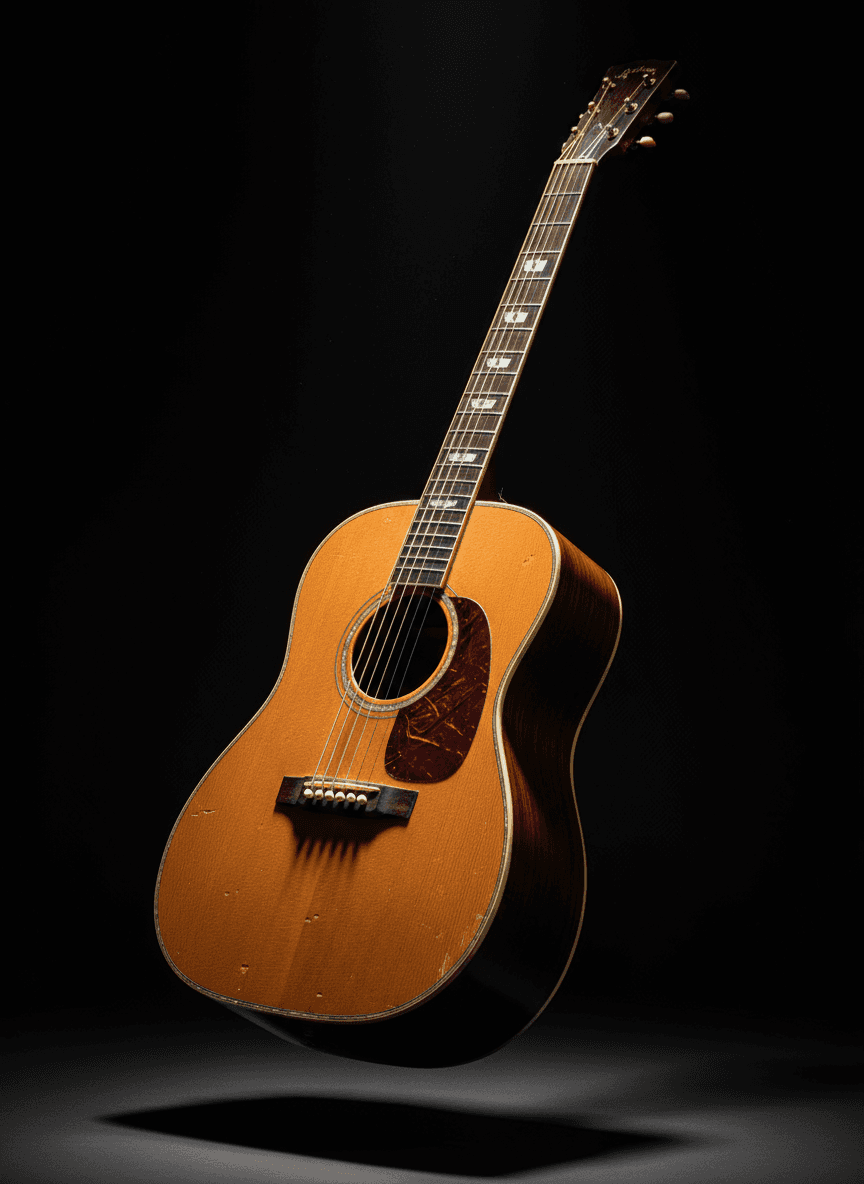 검은 배경에 스포트라이트를 받은 빈티지 통기타.