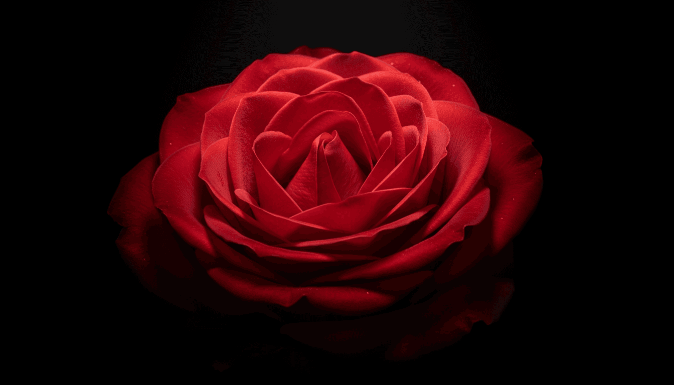 검은 배경에 조명으로 비춘 붉은 장미.