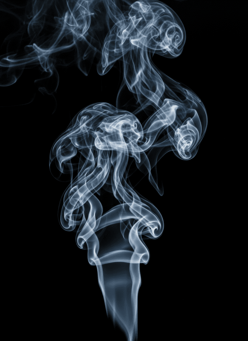 깊은 검은 배경에 우아하게 피어오르는 흰색 연기의 추상적인 형태.