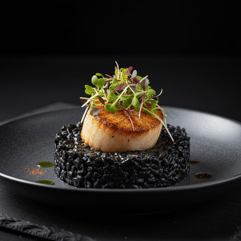 드라마틱한 검은색 요리 배경에 오징어 먹물 리조또와 구운 관자 요리.