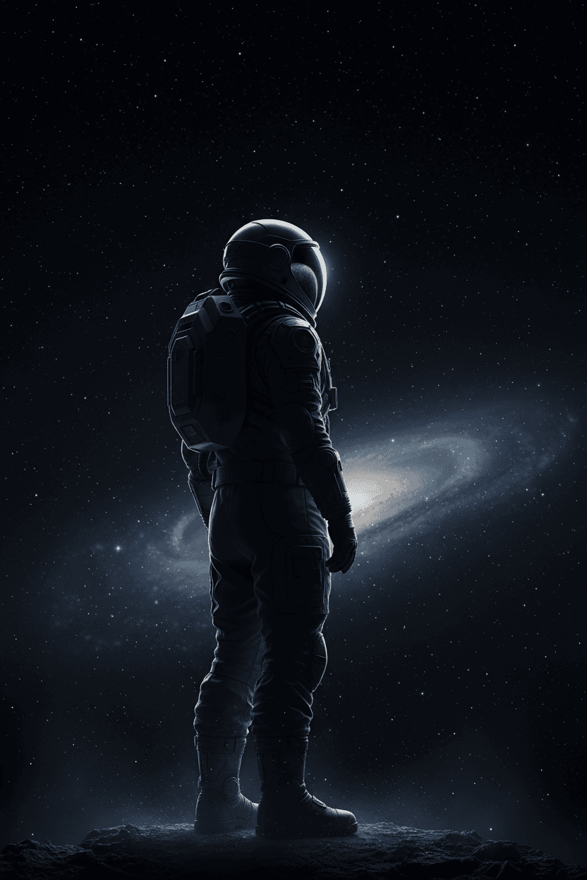 검은 배경의 우주에 있는 우주비행사 실루엣.