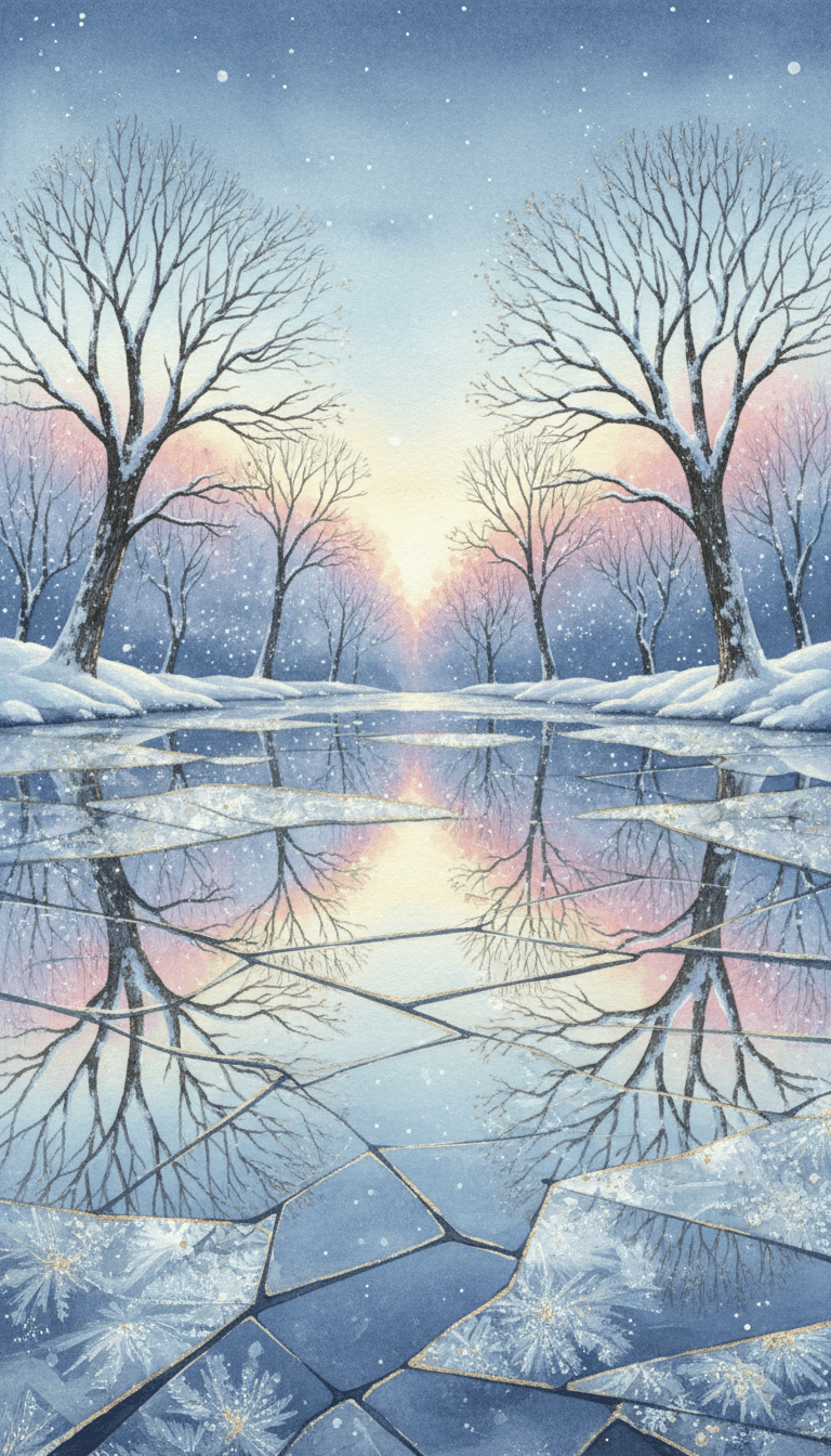 부분적으로 얼어붙은 연못에 겨울 나무들이 반사되는 환상적인 일러스트.