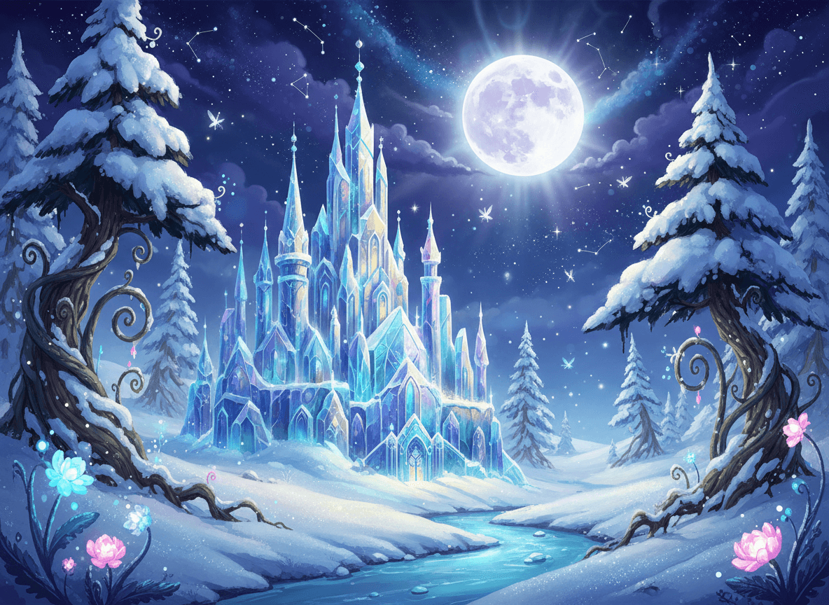 보름달 아래 빛나는 얼음 궁전이 있는 마법 같은 겨울 판타지 일러스트.