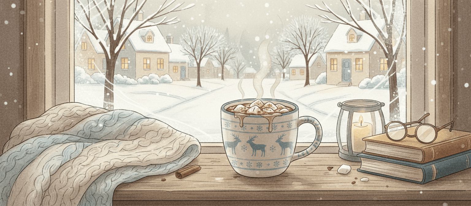눈 내리는 거리 풍경이 보이는 창가 나무 테이블 위에 놓인 김이 모락모락 나는 마시멜로 코코아 머그잔, 아늑한 북유럽 스타일 겨울 일러스트.