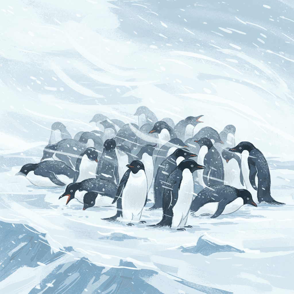 눈보라 속에서 옹기종기 모여 있는 펭귄 무리, 얼음같이 차가운 파란색과 흰색 톤으로 표현된 역동적인 동물 겨울 일러스트.