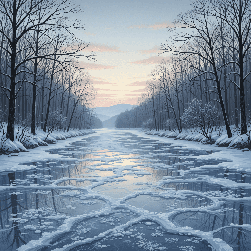 복잡한 얼음 문양으로 뒤덮인 얼어붙은 강, 앙상한 나무들에 둘러싸여 있으며 맑고 차가운 아침 햇살이 비추는 사실적인 풍경의 겨울 일러스트.