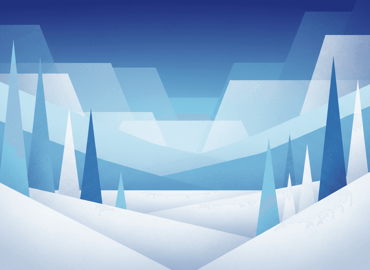 눈, 나무, 하늘을 기하학적인 형태로 표현한 추상적인 겨울 풍경, 시원한 파란색과 흰색 색상의 현대적인 겨울 일러스트.