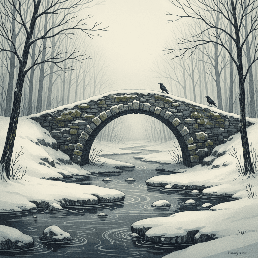 눈 덮인 오래된 돌다리가 부분적으로 얼어붙은 시냇물을 가로지르고, 안개가 자욱한 미스터리한 다크 아카데미아 풍의 겨울 일러스트.