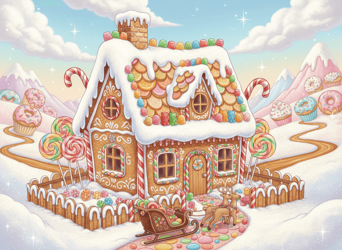 설탕 시럽 '눈'으로 덮인 아름답게 장식된 진저브레드 하우스가 마법 같은 겨울 배경에 놓인 기발한 일러스트.