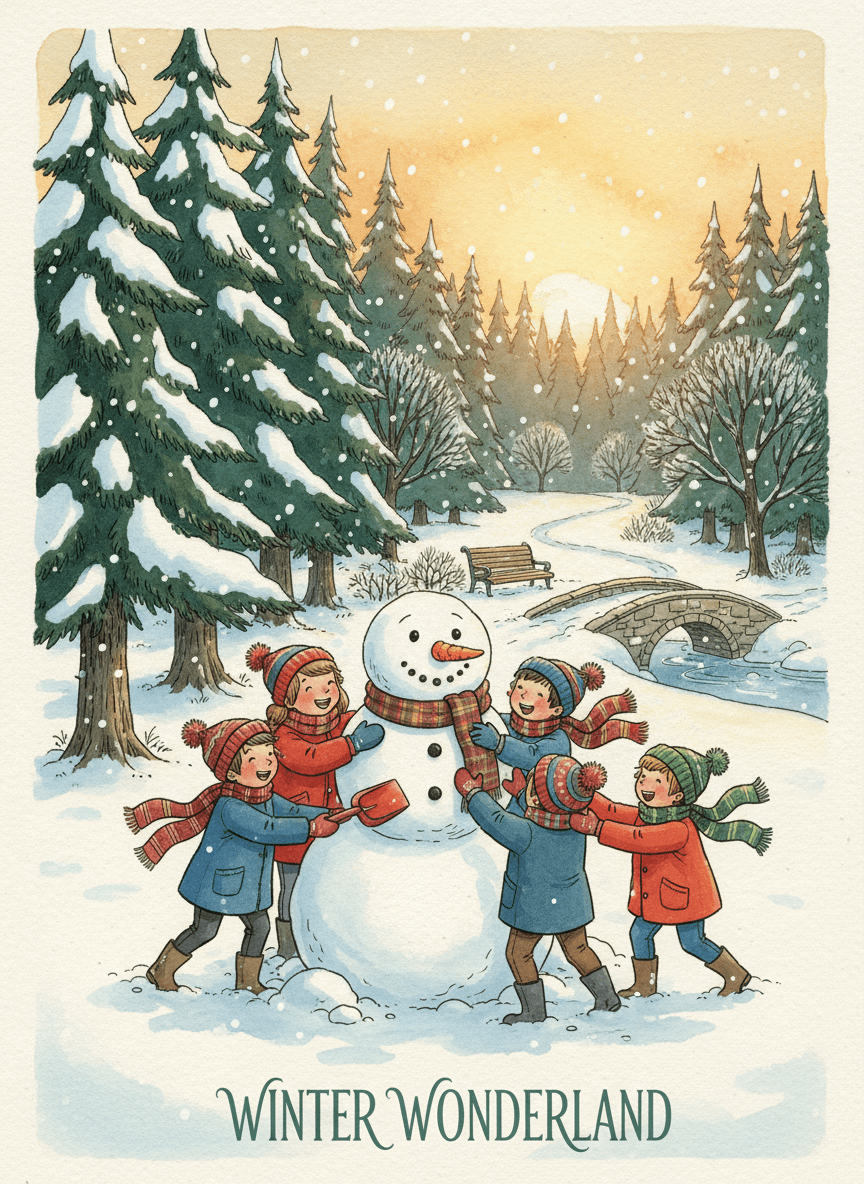 눈 오는 공원에서 눈사람을 만드는 아이들의 동화 같은 일러스트.
