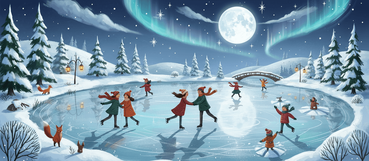 눈 덮인 소나무 숲에 둘러싸인 얼어붙은 호수에서 스케이트를 타는 사람들, 달빛이 얼음에 반사되는 축제 분위기의 겨울 일러스트.