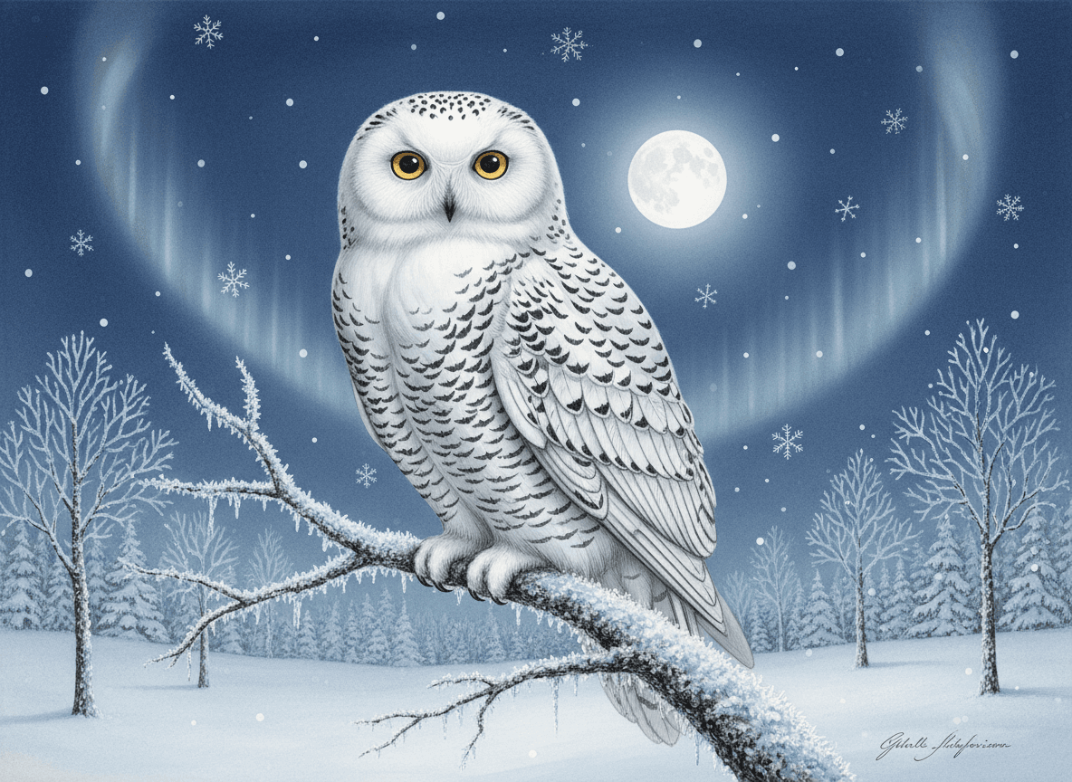 서리 내린 가지에 앉아 보름달 아래 고요한 겨울밤을 지키는 흰올빼미의 우아한 일러스트.