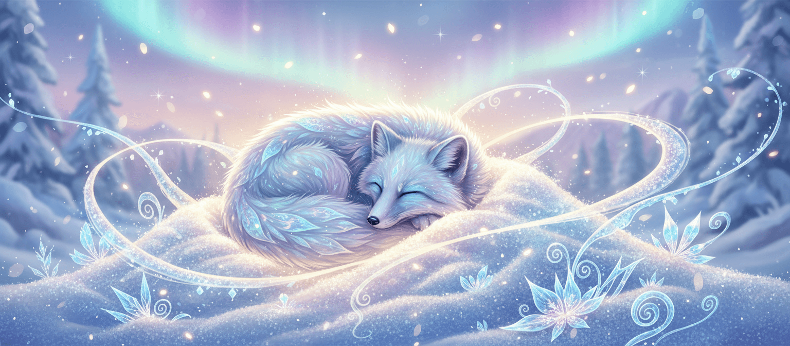 반짝이는 눈 더미에 웅크리고 잠든 신비로운 북극 여우, 부드러운 빛과 몽환적인 분위기의 겨울 일러스트.