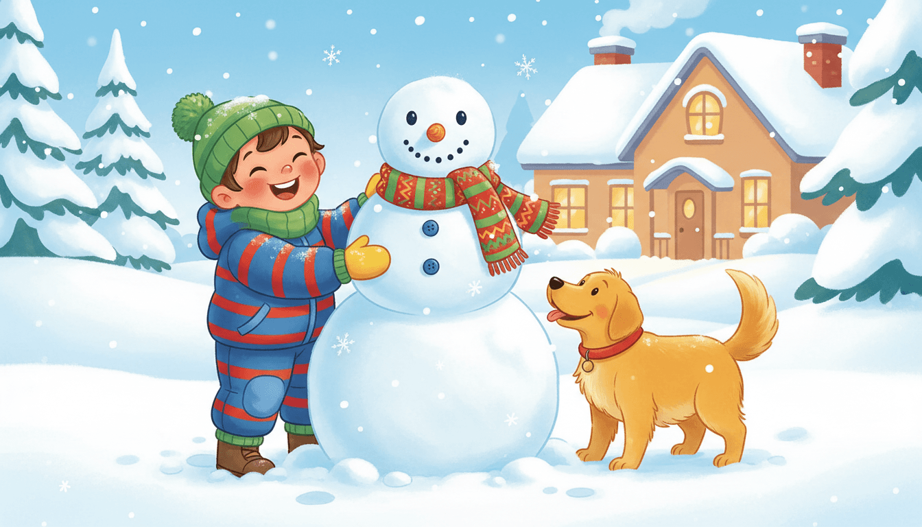 겨울 옷을 입은 아이가 눈 내리는 뒷마당에서 즐겁게 눈사람을 만드는 행복한 일러스트.
