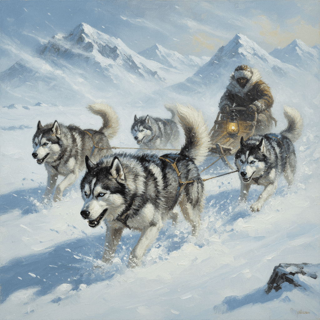 눈보라 속에서 썰매를 끄는 허스키 무리, 극한 날씨 속 역동적인 모습을 유화 스타일로 그린 모험적인 겨울 일러스트.