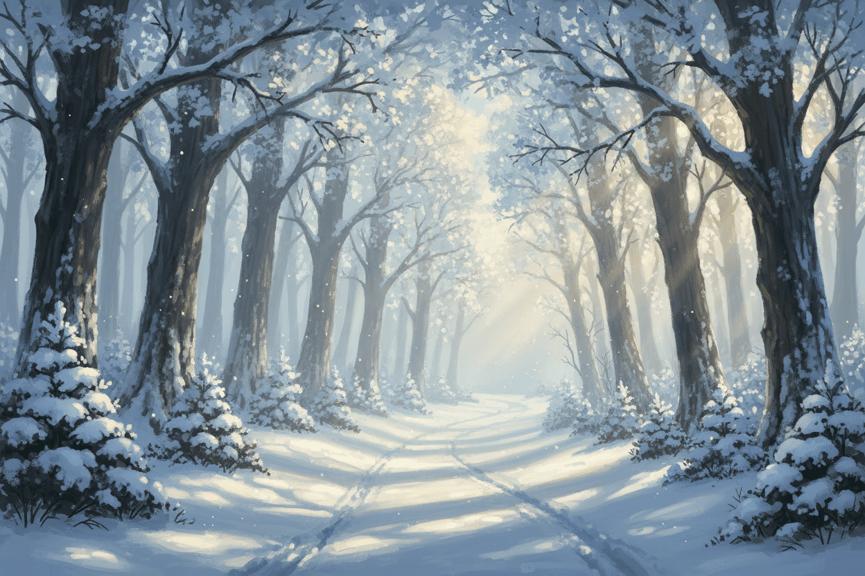 서리 내린 나무 사이로 햇빛이 스며드는, 눈 덮인 고요한 겨울 숲길의 분위기 있는 일러스트.