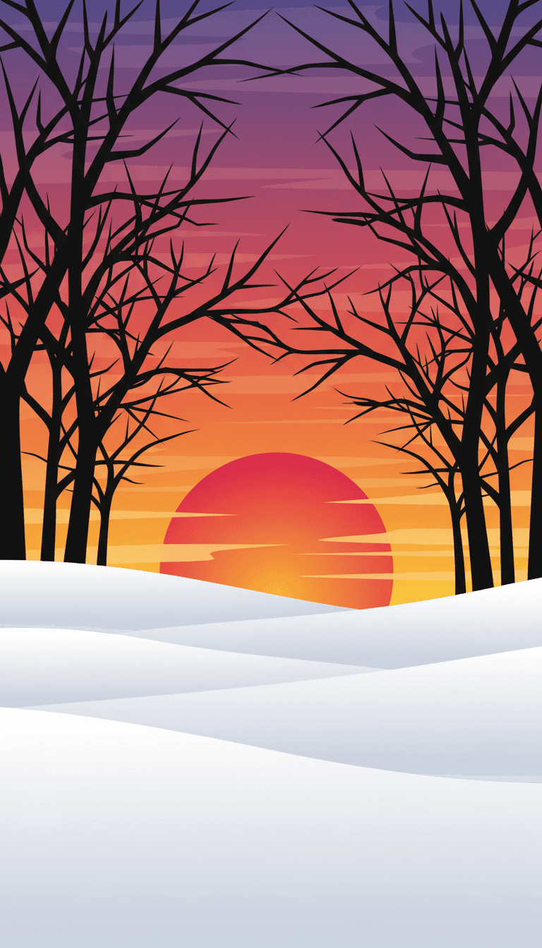 선명한 겨울 일몰을 배경으로 한 나무 실루엣의 모던 그래픽 일러스트.