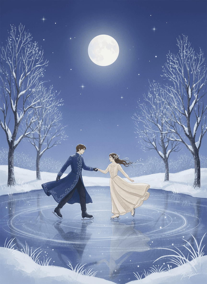 앙상한 겨울나무에 둘러싸인 얼어붙은 연못에서 우아하게 스케이트를 타는 연인의 달빛 아래 일러스트.