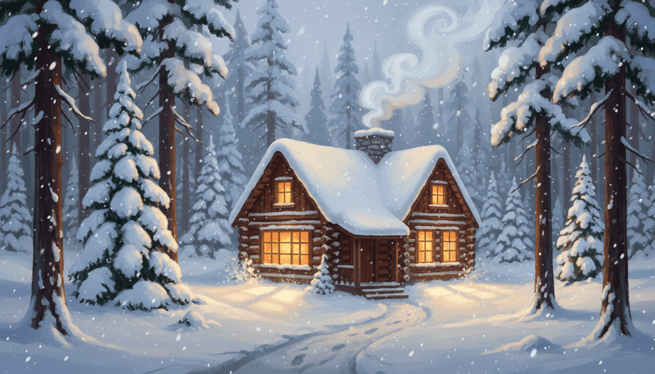 눈 덮인 겨울 숲 속에 자리한 아늑한 오두막집, 따뜻한 빛이 창문에서 새어 나와 편안함을 더하는 일러스트.