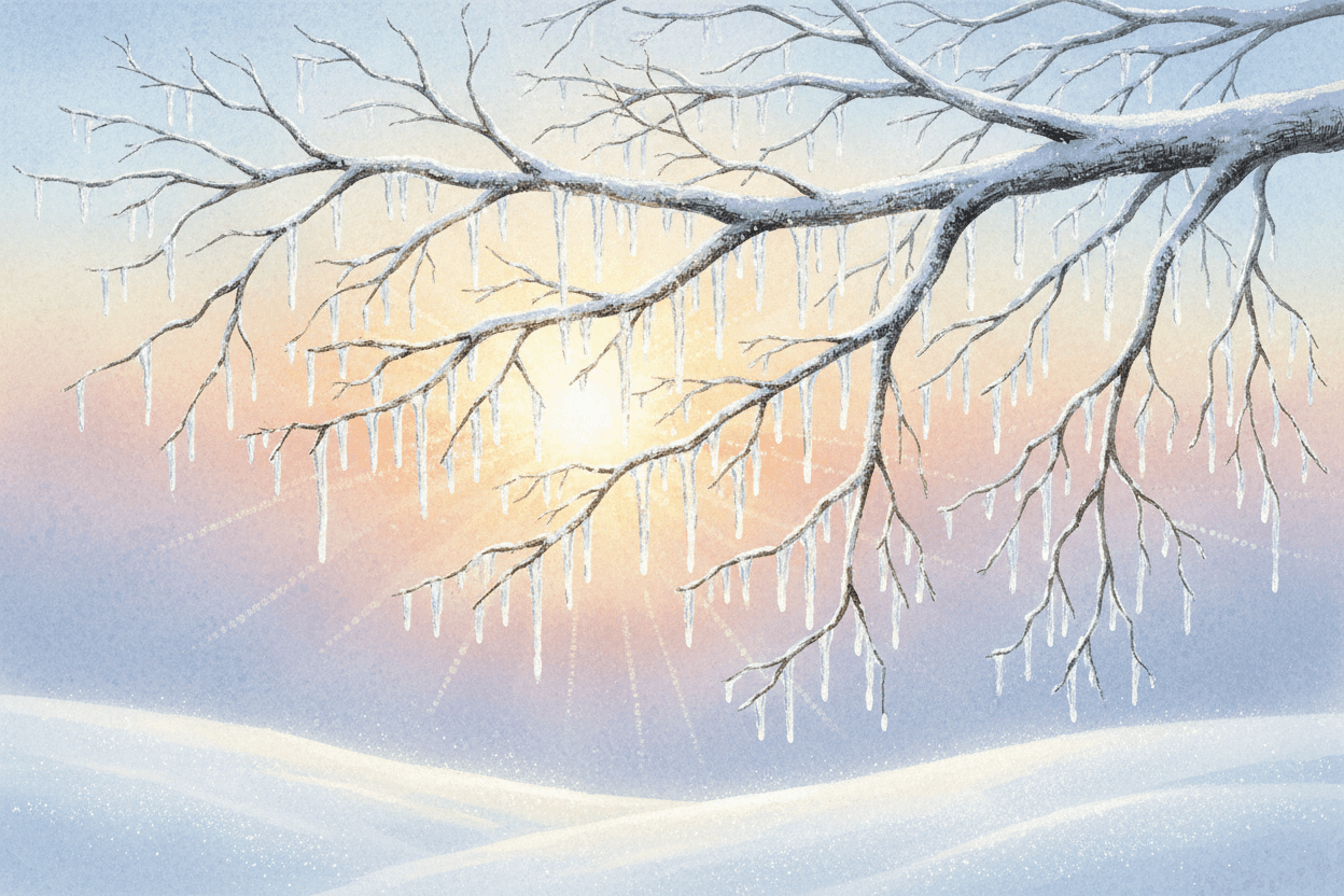 앙상한 나뭇가지에 매달린 섬세한 고드름이 이른 아침 햇살에 찬란하게 반짝이는 사실적인 겨울 일러스트.