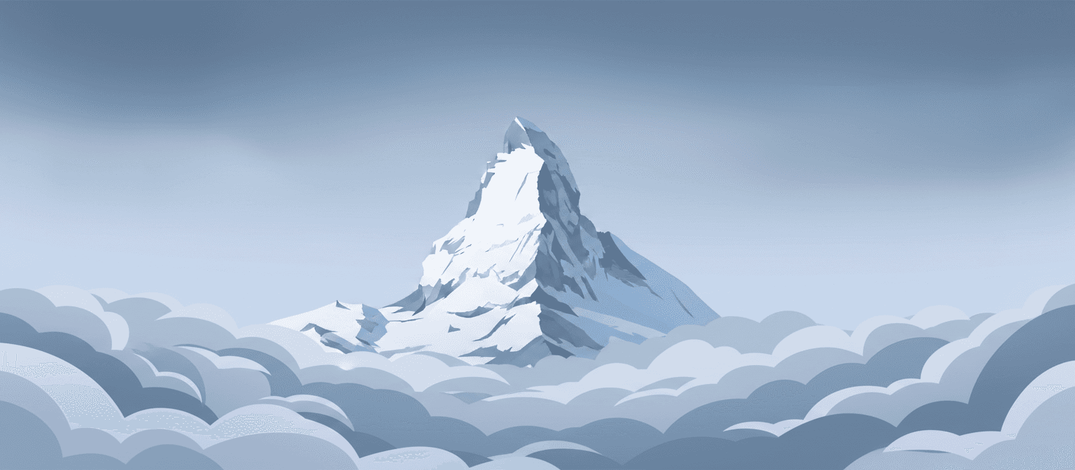 구름 낀 겨울 하늘을 뚫고 솟아 있는 고독한 설산 봉우리의 웅장하고 미니멀한 일러스트.