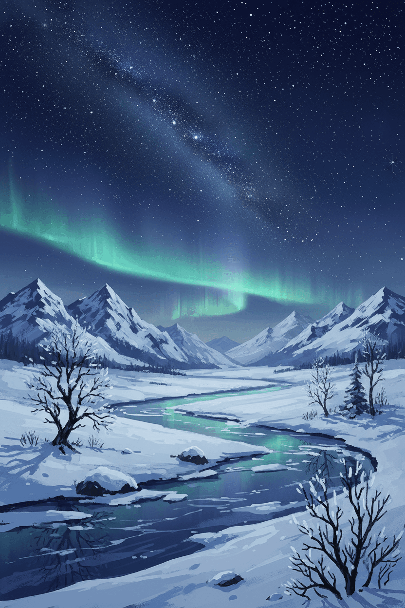 오로라가 보이는 눈 덮인 풍경 위로 별이 빛나는 겨울밤의 회화적 일러스트.