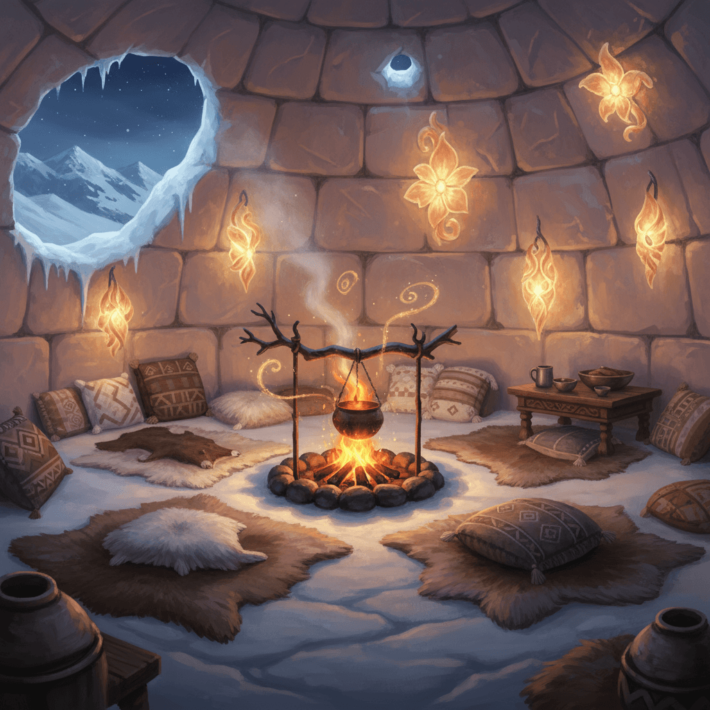 빛나는 얼음 램프, 아늑한 동물 가죽 깔개, 작게 타오르는 불꽃이 있는 따뜻한 이글루 내부, 환상적인 일러스트 속 매력적인 겨울 피난처.