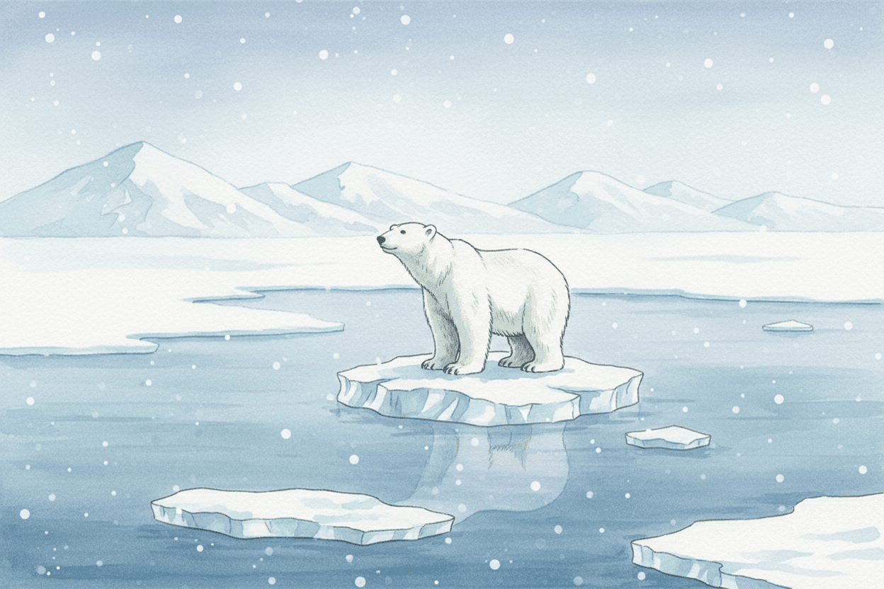 눈 내리는 북극 겨울 풍경 속 작은 빙산 위에 위엄 있게 서 있는 북극곰의 평화로운 일러스트.