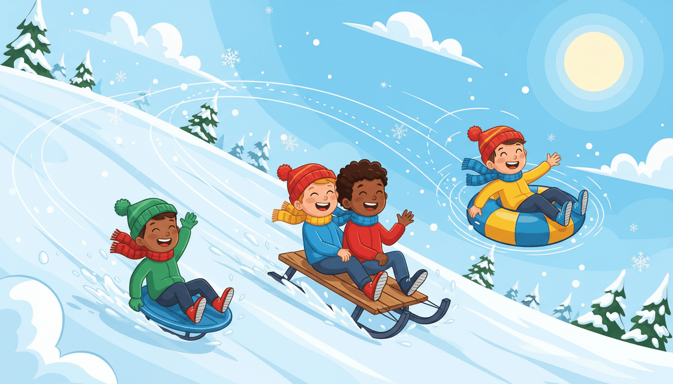 눈 덮인 언덕에서 신나게 썰매를 타는 아이들의 활기찬 일러스트, 겨울 놀이의 즐거움을 담았다.