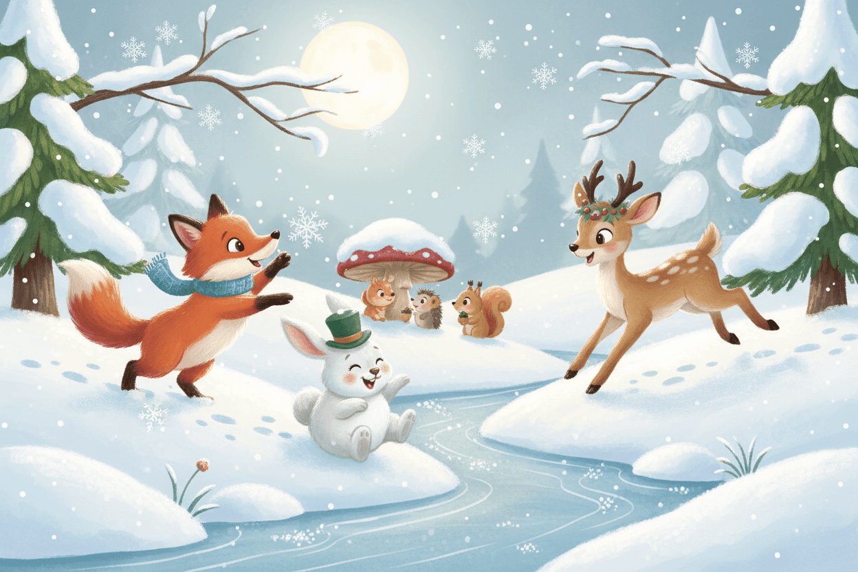 부드러운 눈이 내리는 겨울 풍경 속에서 즐겁게 어울리는 숲속 동물들(여우, 토끼, 사슴)의 환상적인 일러스트.