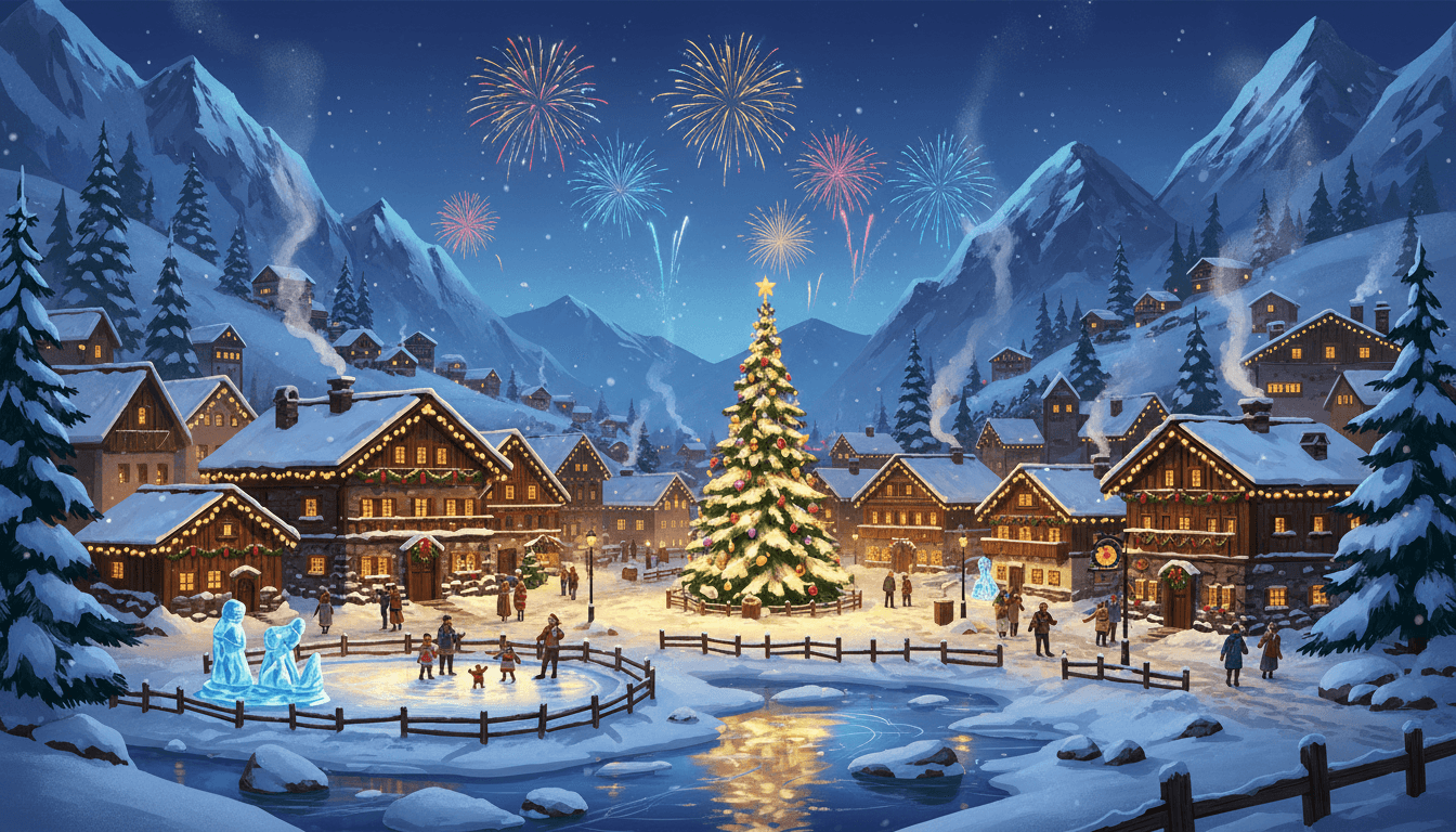 겨울 축제를 위해 환하게 불을 밝힌 그림 같은 알프스 마을, 멀리서 터지는 불꽃놀이와 섬세한 묘사가 돋보이는 디지털 페인팅 겨울 일러스트.