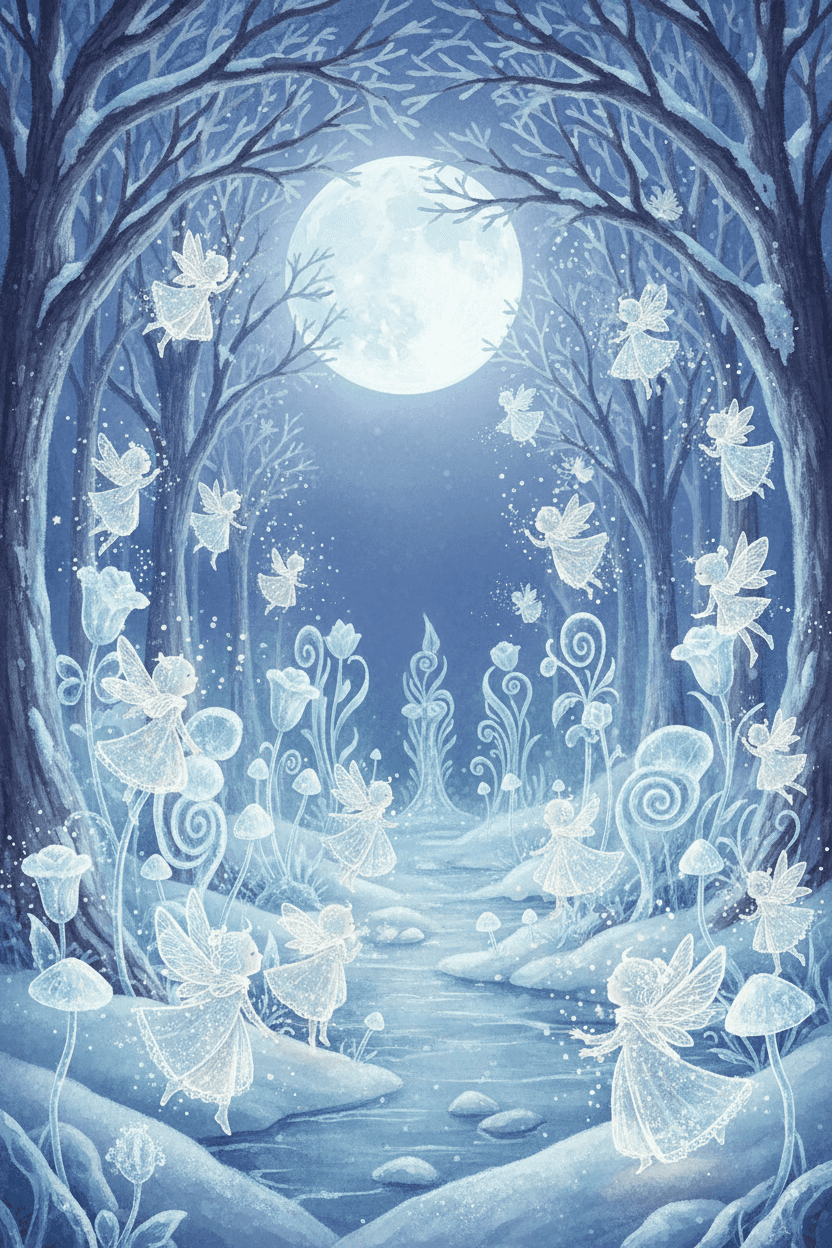 달빛 아래 겨울 정원에서 반짝이는 눈 요정들의 영롱한 일러스트.